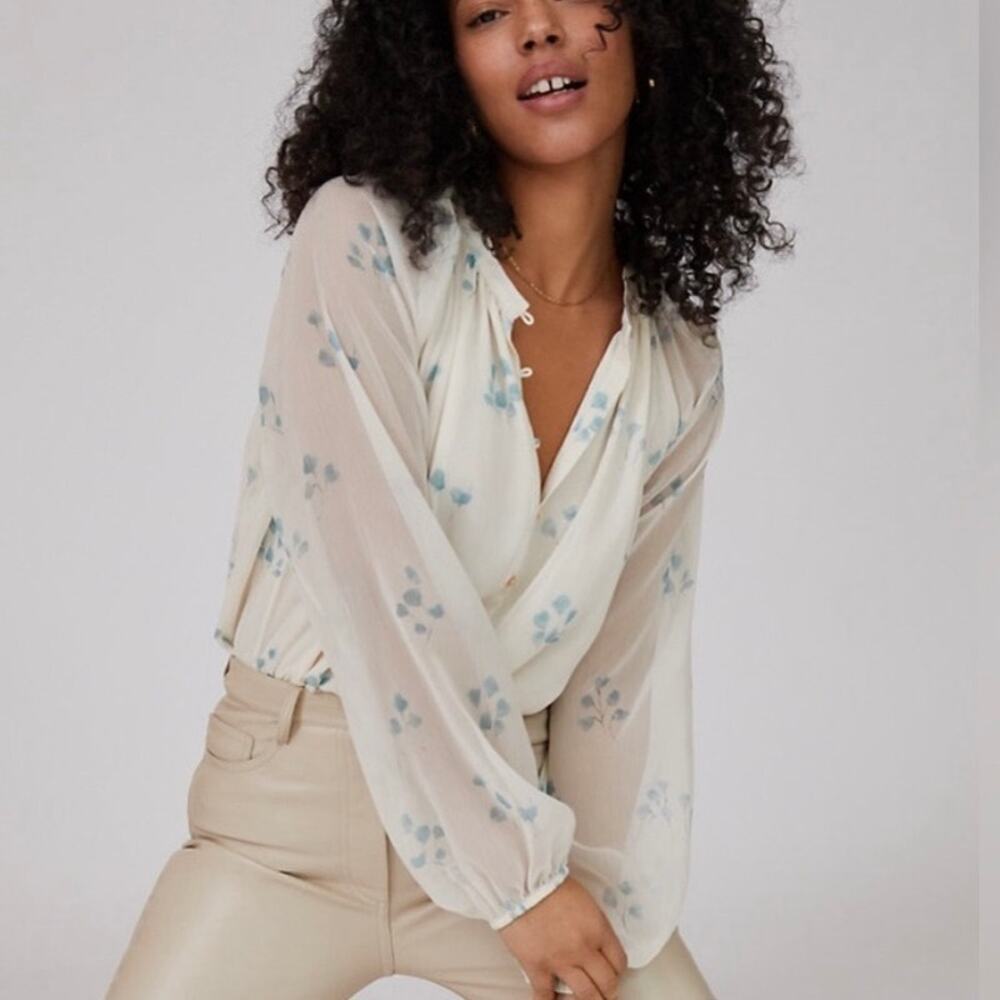 Artizia Wilfred Santiago Button Front Sheer Blouse Floral Cream Size Large